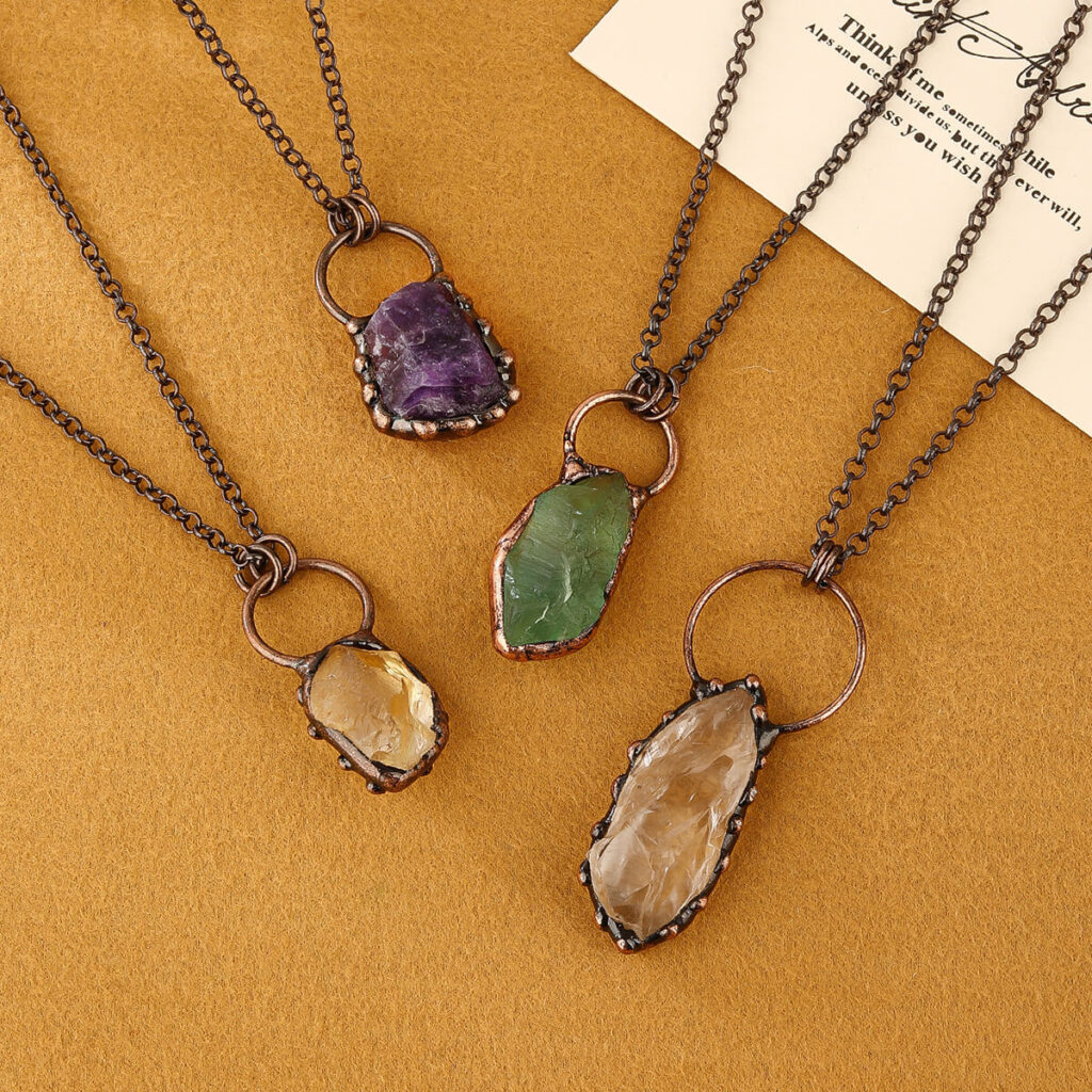 Vintage Gemstone Necklace Amethyst White Quartz Citrine Green Fluorite