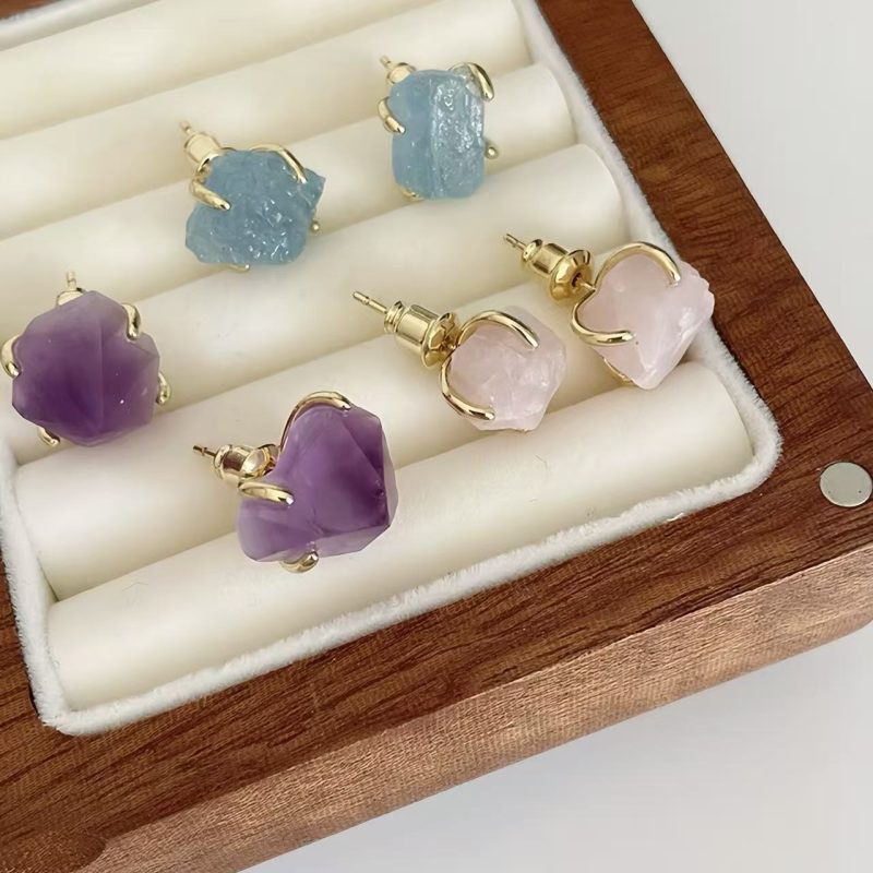1 Pair Natural Raw Stone Earrings With Crystals