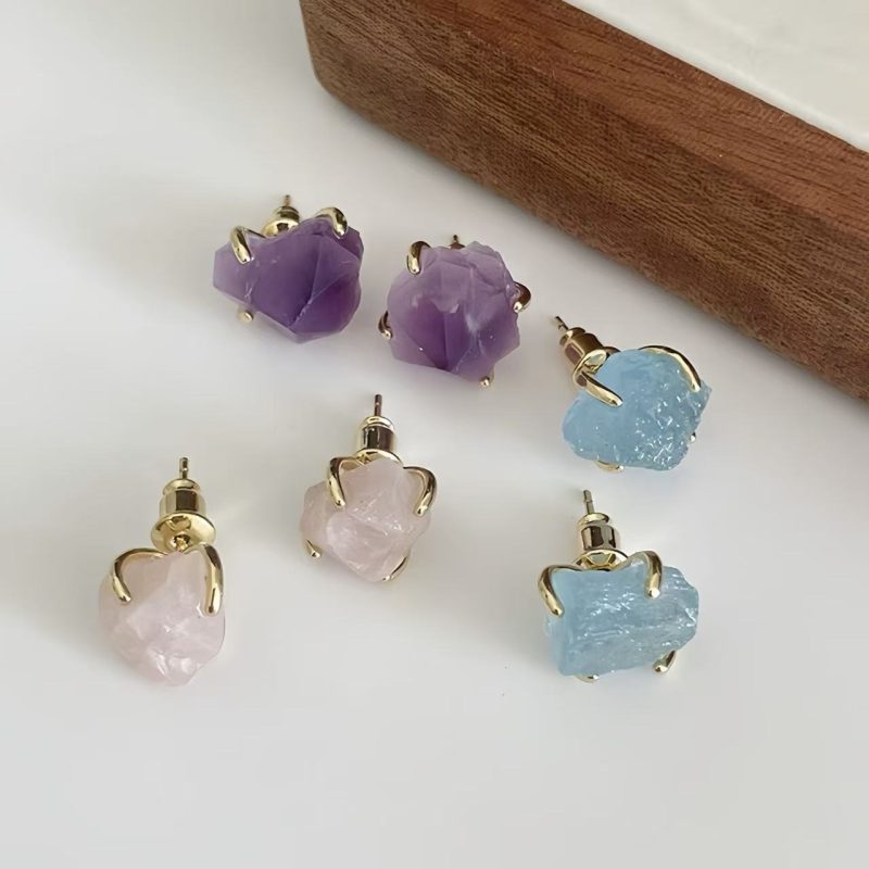 1 Pair Natural Raw Stone Earrings With Crystals