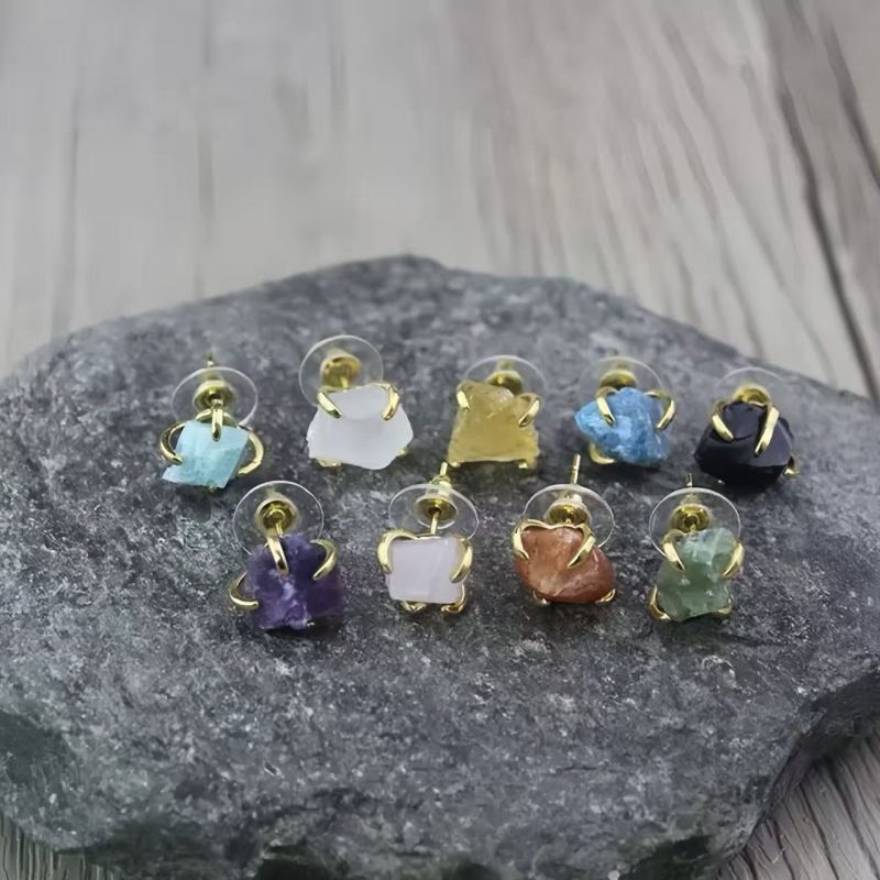 1 Pair Natural Raw Stone Earrings With Crystals