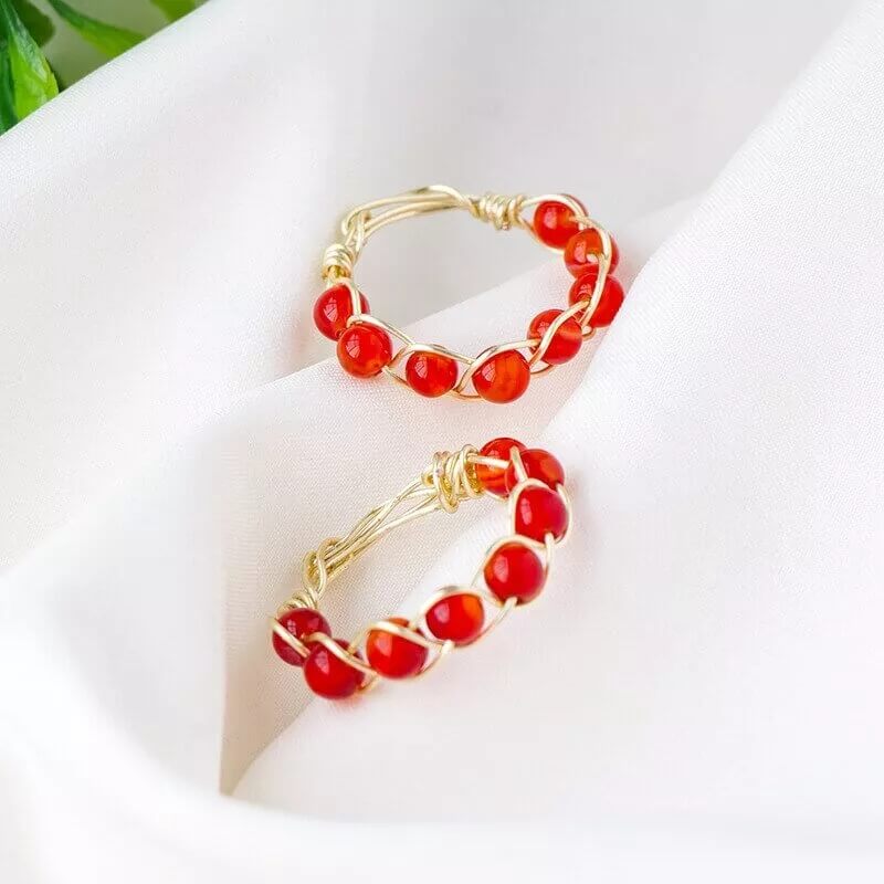 Red Agate Ring With Woven Beads