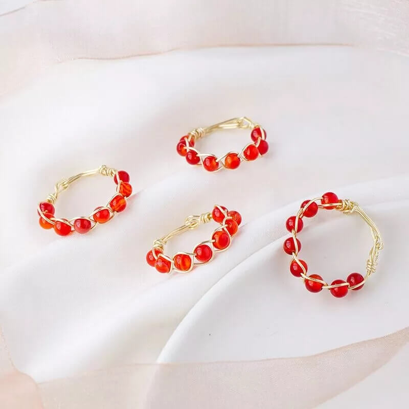 Red Agate Ring With Woven Beads