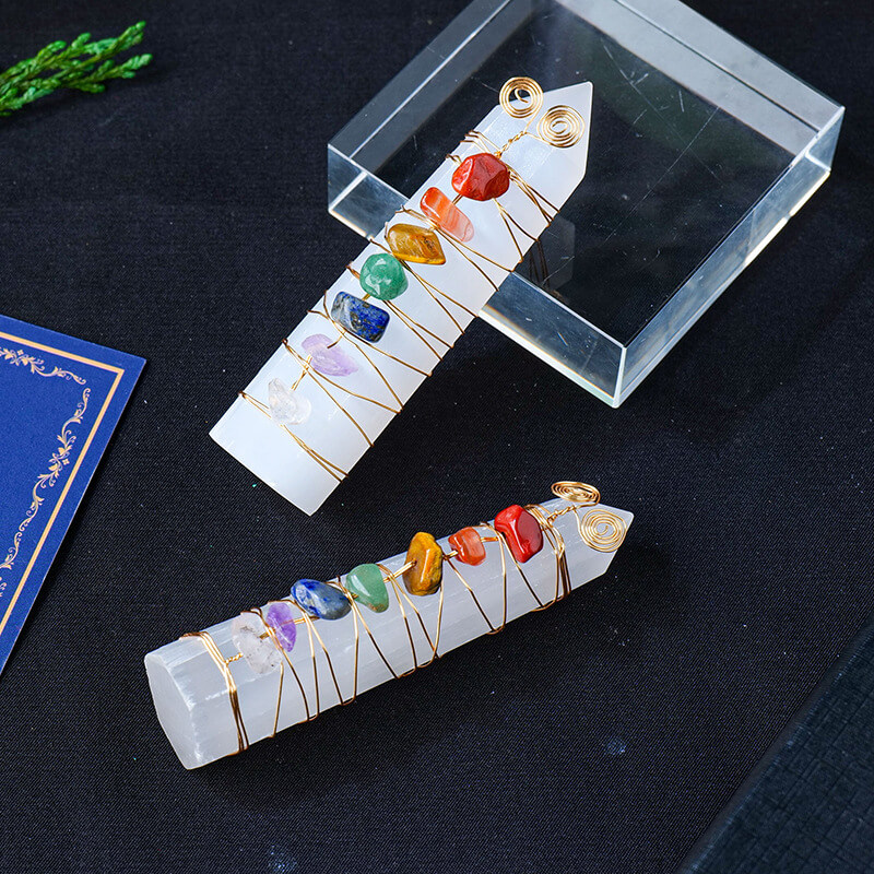 Selenite Tower With Raw Crystal Stones