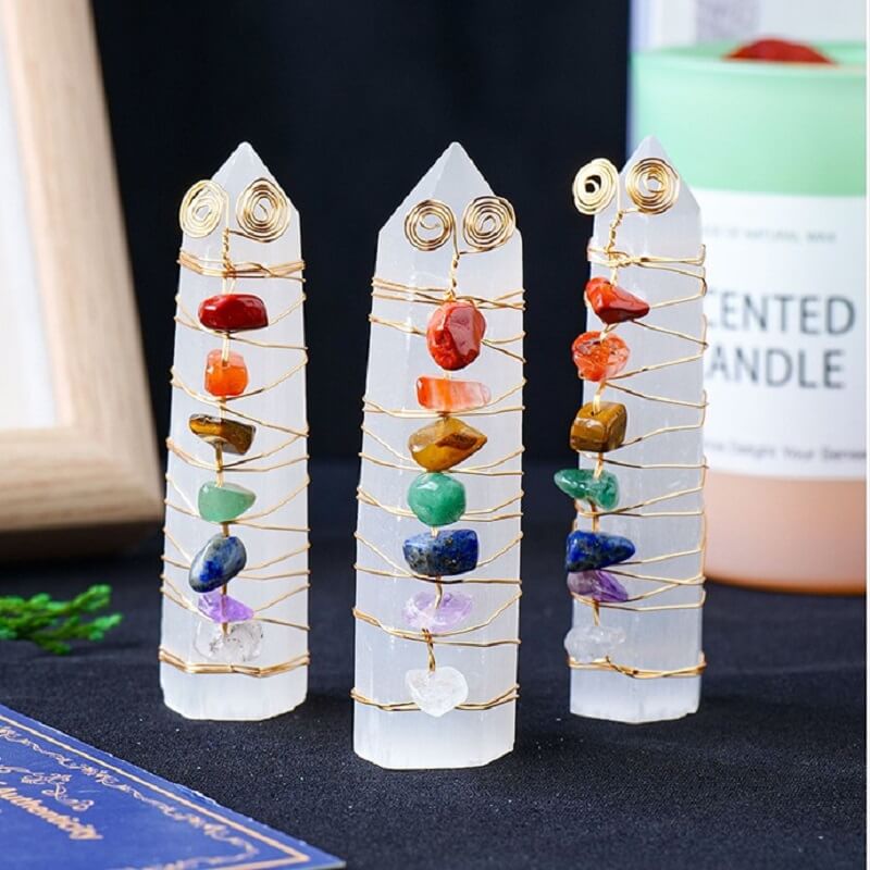 Selenite Tower With Raw Crystal Stones