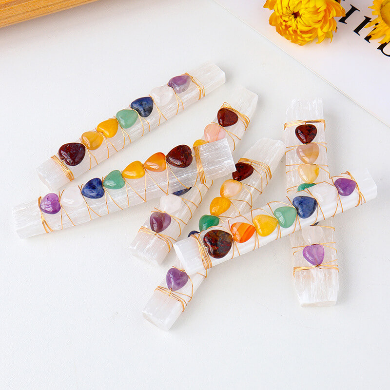 Selenite Crystal With Colorful Heart Stones