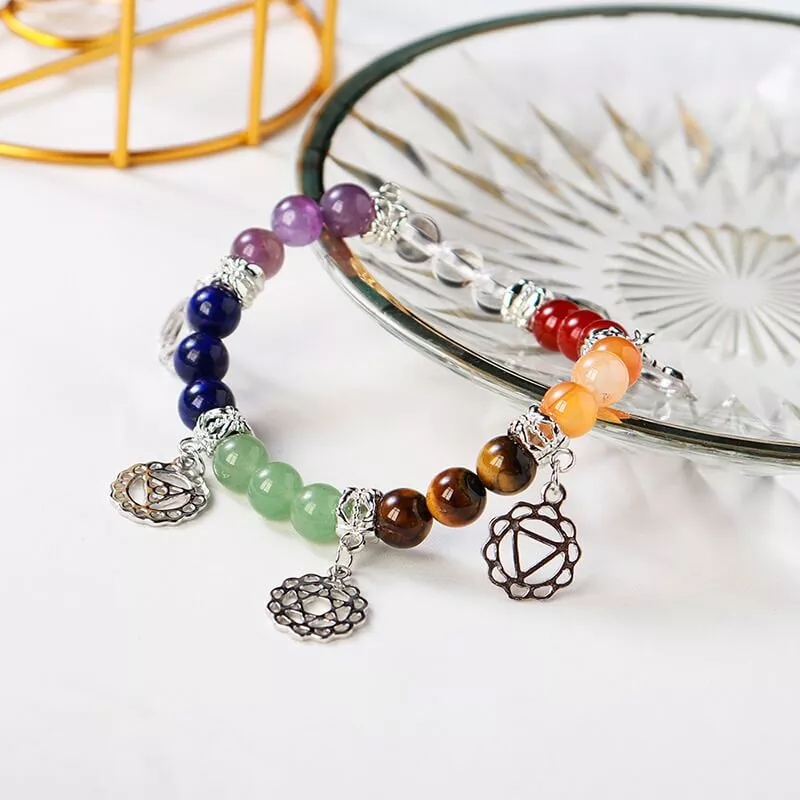 7 Chakras Crystal Bracelet In Bulk With Silver Patterns