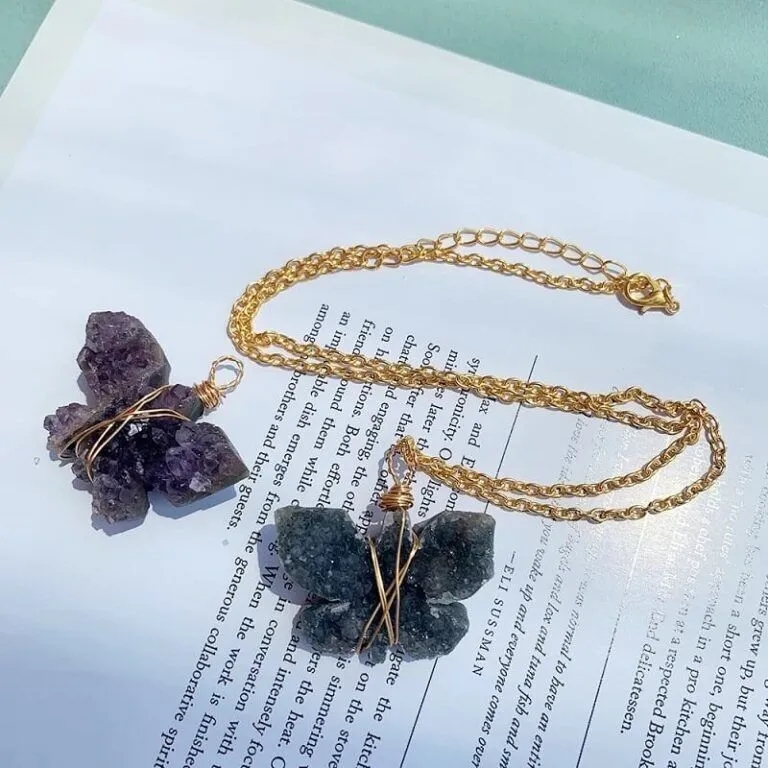 Amethyst Butterfly Necklace Cluster Stone With Gold Wire - Image 3