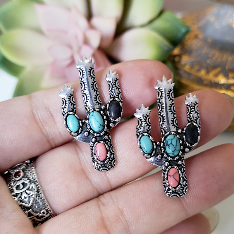 Cactus Howlite Stud Earrings Vintage Alloy Earrings