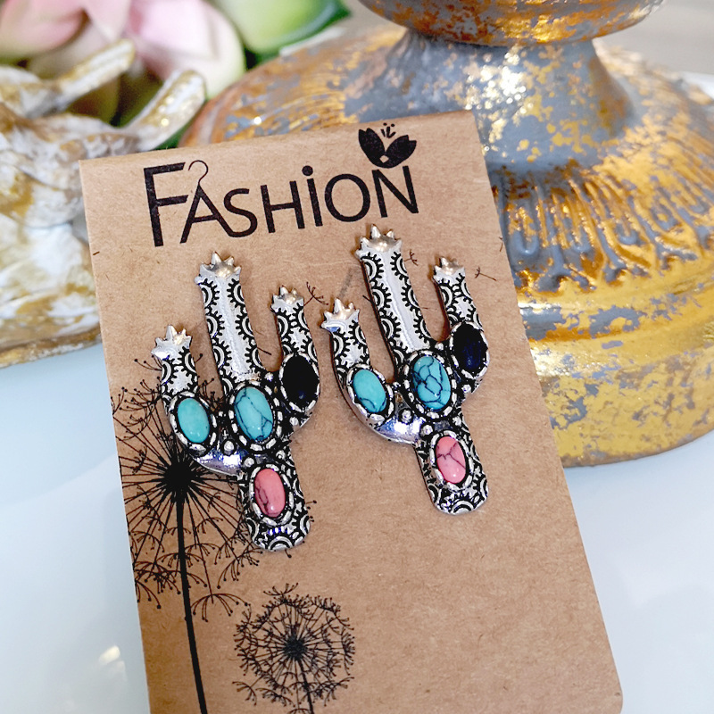 Cactus Howlite Stud Earrings Vintage Alloy Earrings - Image 3