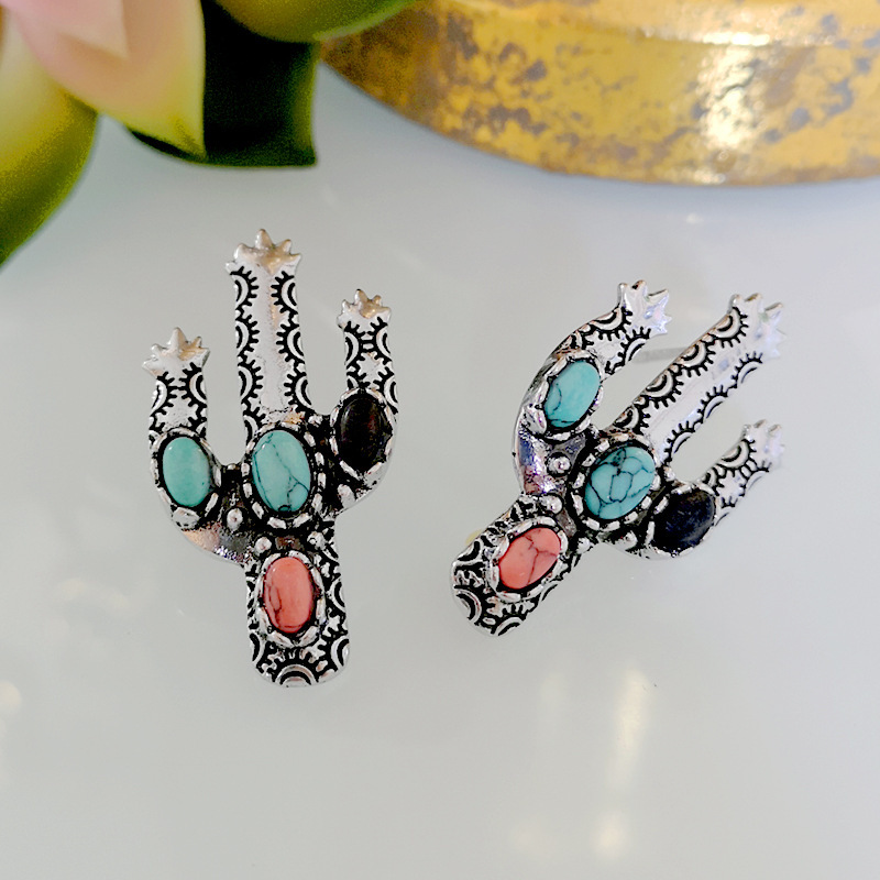 Cactus Howlite Stud Earrings Vintage Alloy Earrings - Image 5