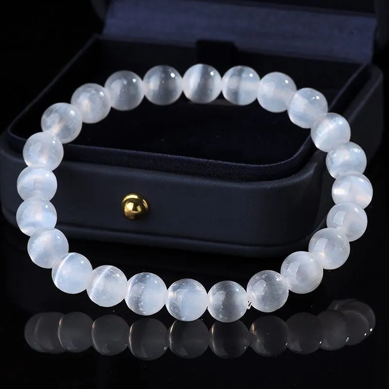 White Cat's Eye Bracelet Beaded Stretch Bracelet