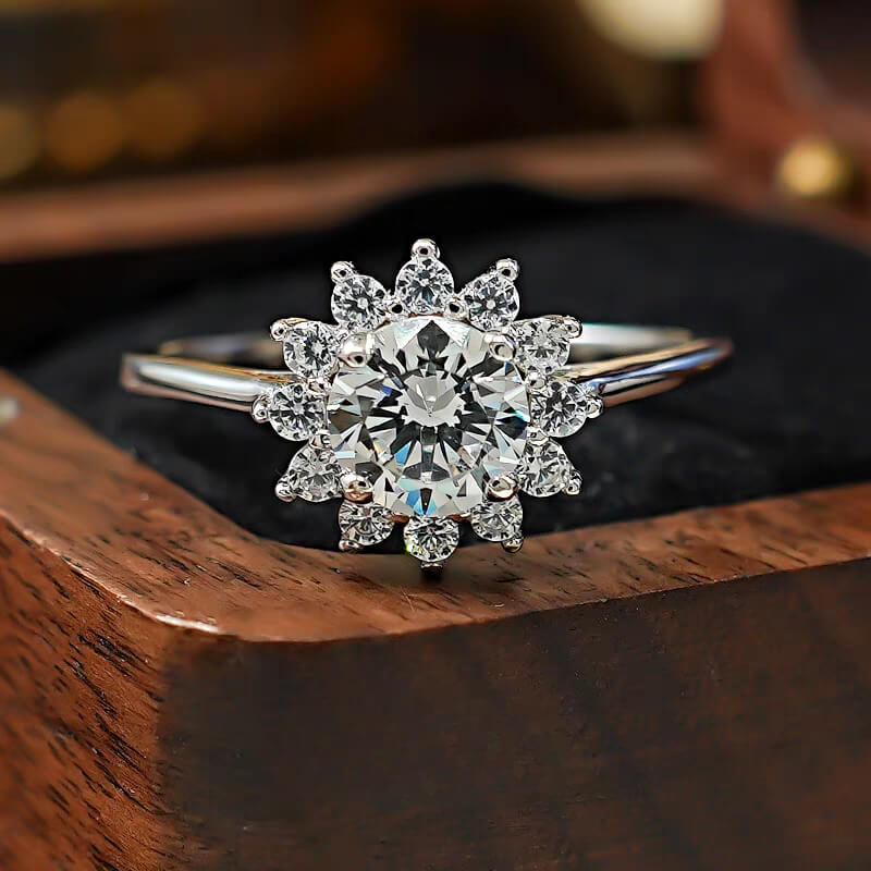 D Color Flower Moissanite Ring 925 Silver Gold Plated