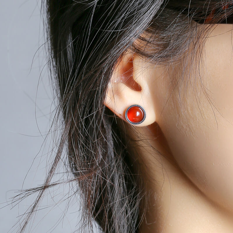Alternative view of Natural Round Agate Earrings Stainless Steel Wrapped