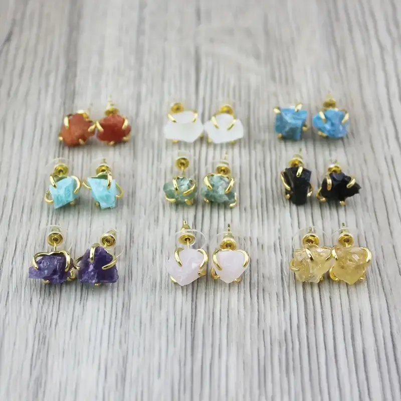 1 Pair Natural Raw Stone Earrings With Crystals